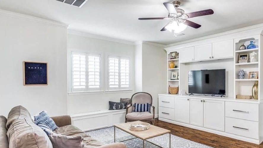 Plantation shutters in a family room